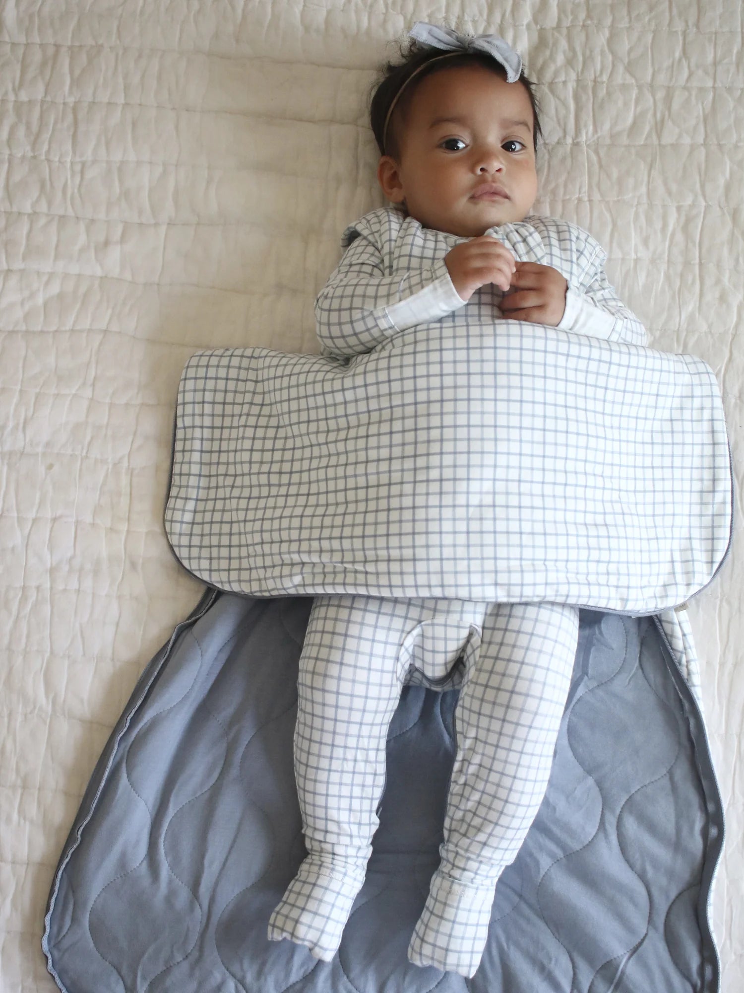 dusty blue checkered sleep sack