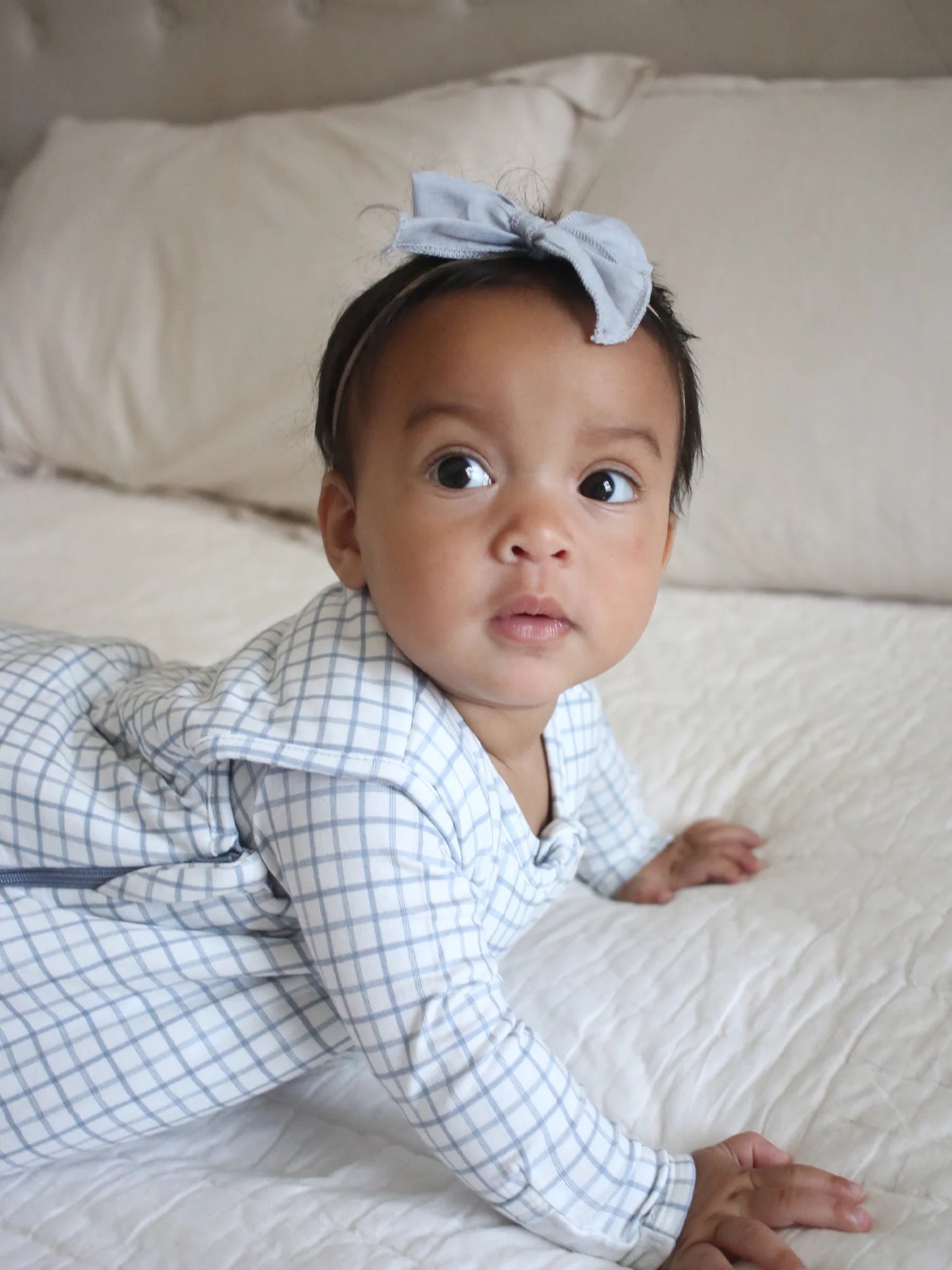 dusty blue checkered sleep sack