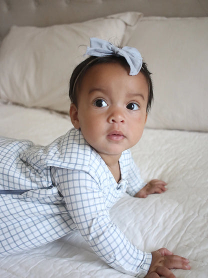 dusty blue checkered sleep sack