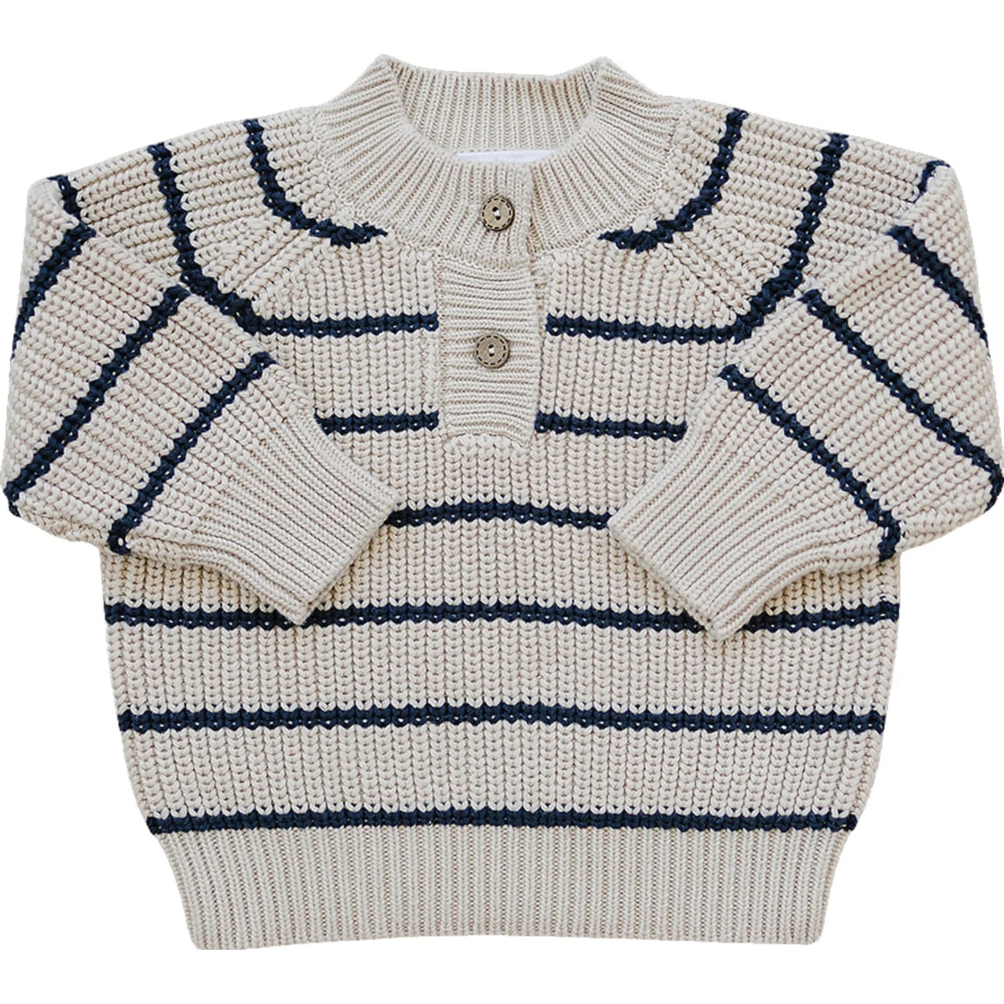 Knitted sweater with blue stripes on a white background. Mebie Baby