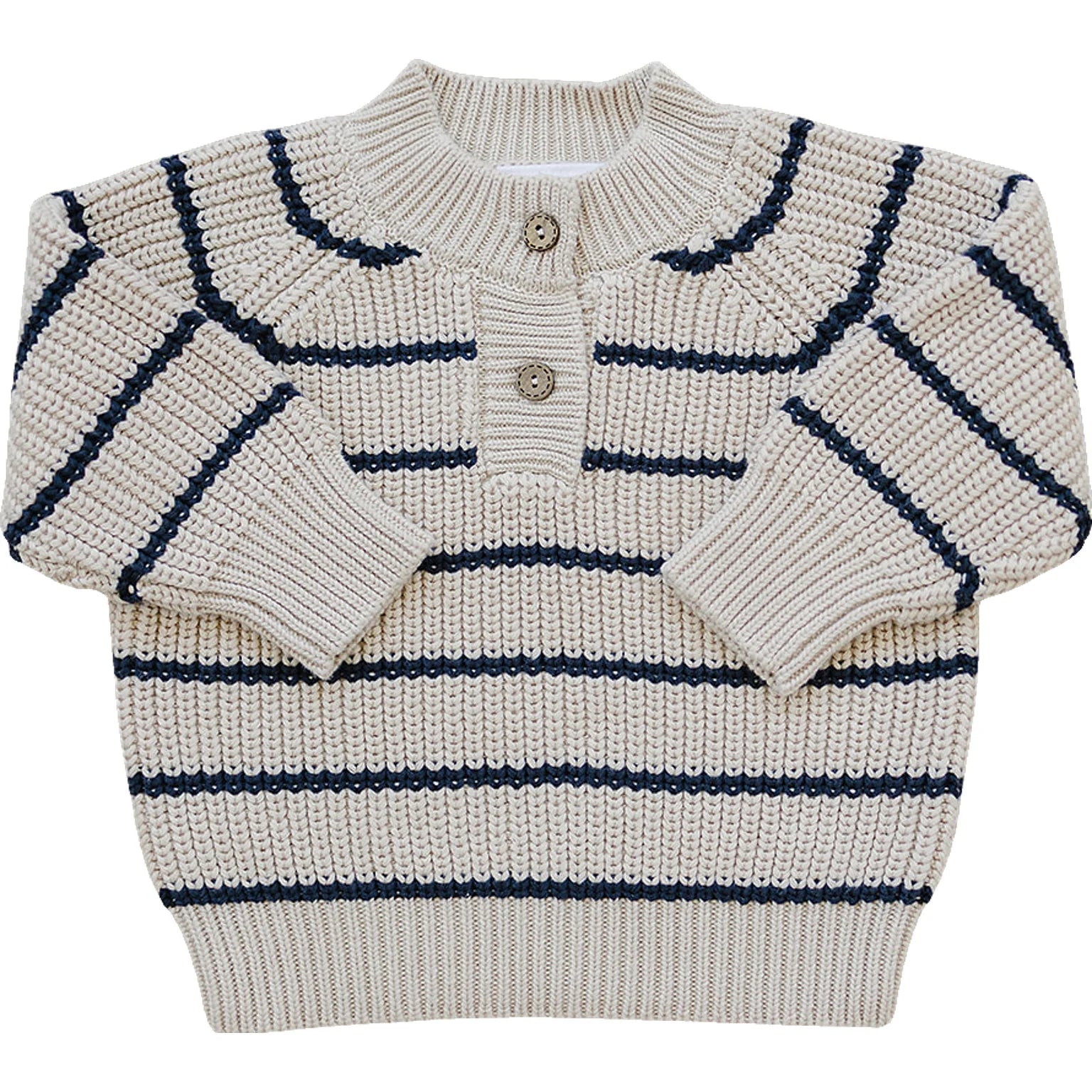Knitted sweater with blue stripes on a white background. Mebie Baby