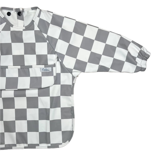 Grey Checkered Long Sleeve Bib/ Montessori Play