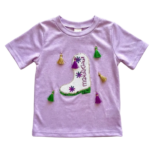 Mardi gras top with boot on it