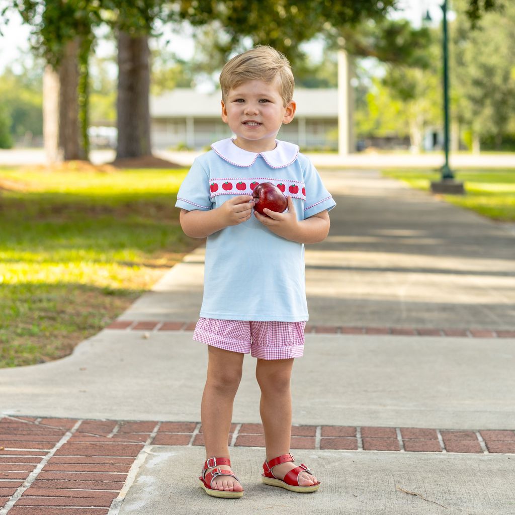 Smocked toddler boy apple set. Perfect for back to school.
