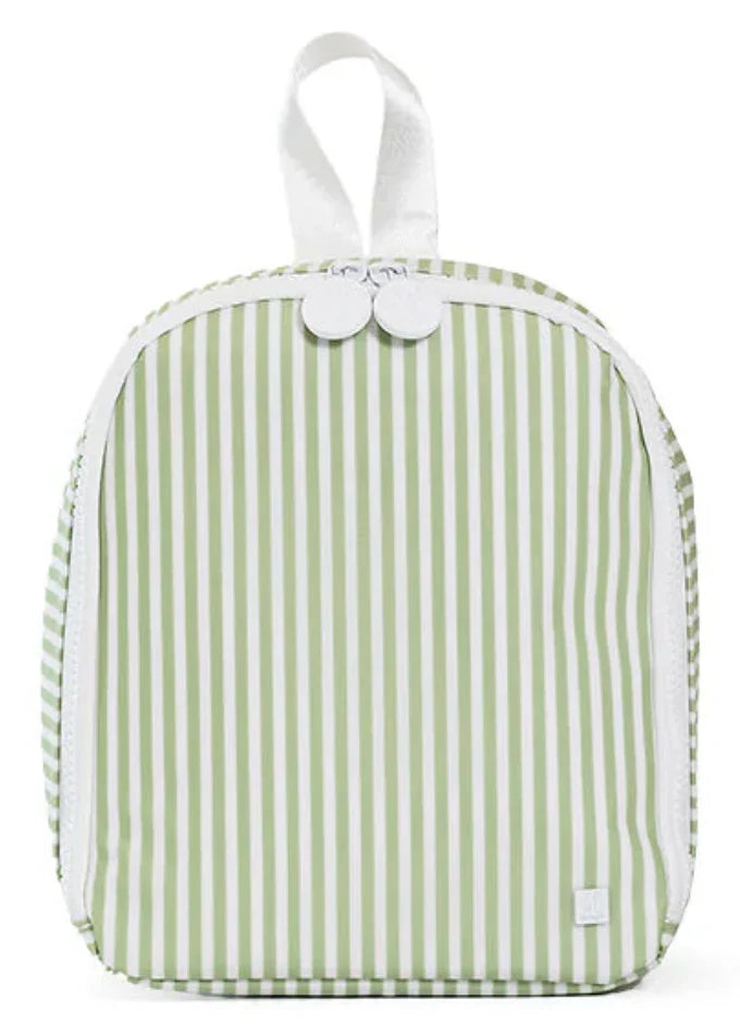 Green and white striped lunch box with a handle on a white background