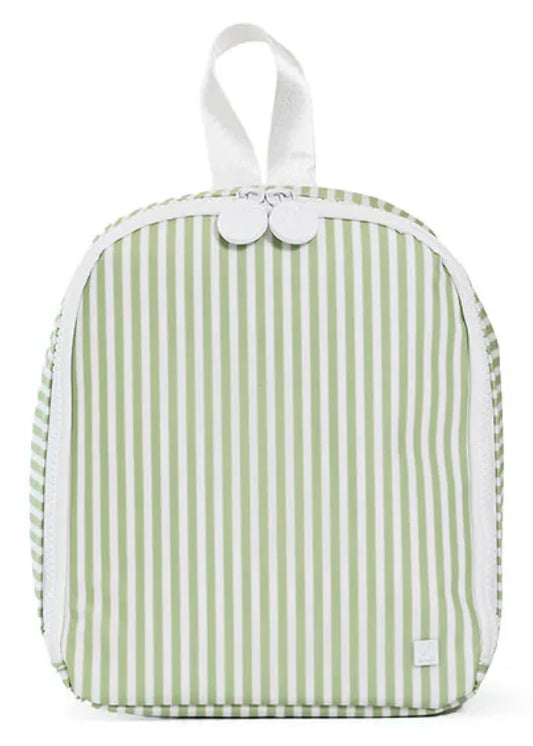 Green and white striped lunch box with a handle on a white background