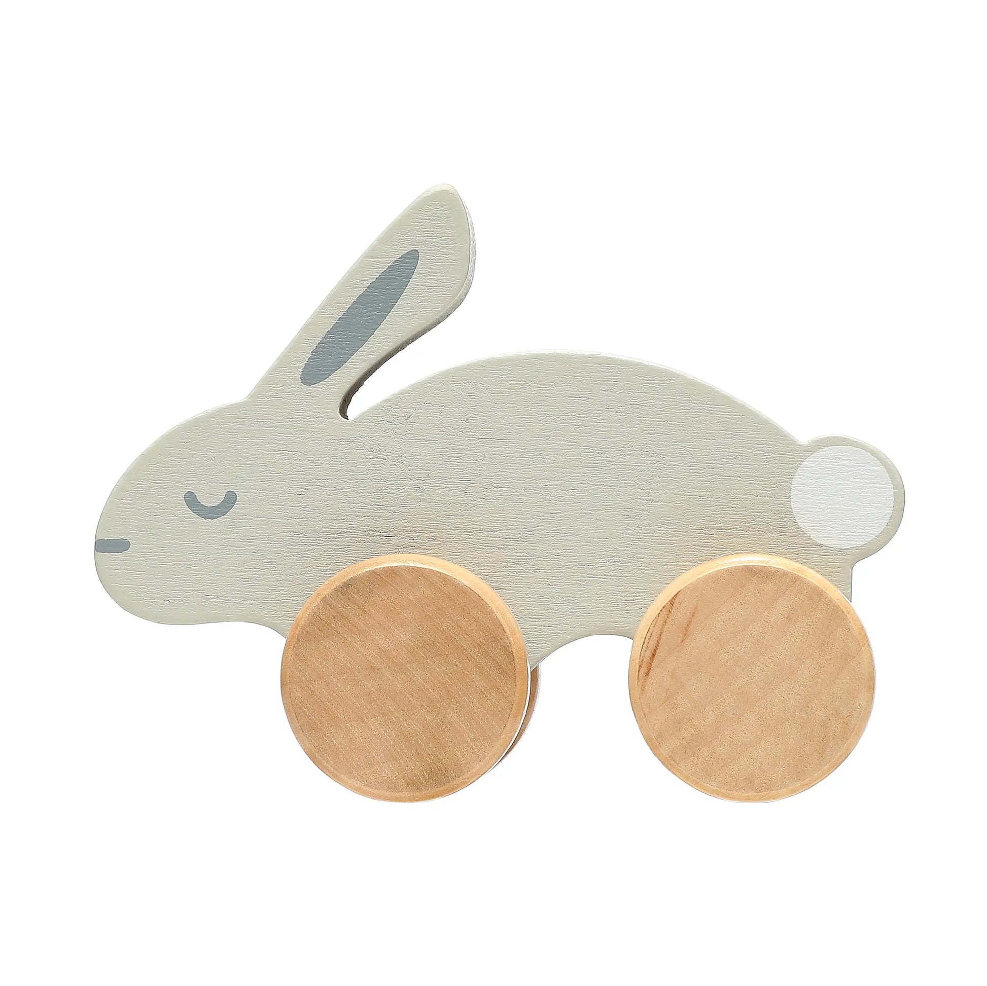 Wooden toy rabbit with wheels on a white background