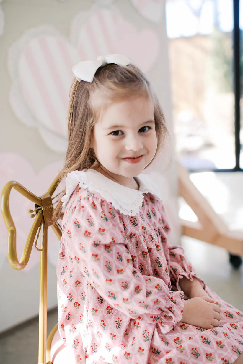 little colette, pink floral dress, white collar