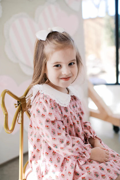 little colette, pink floral dress, white collar