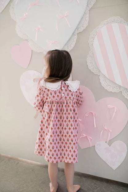 little colette, pink floral dress, white collar