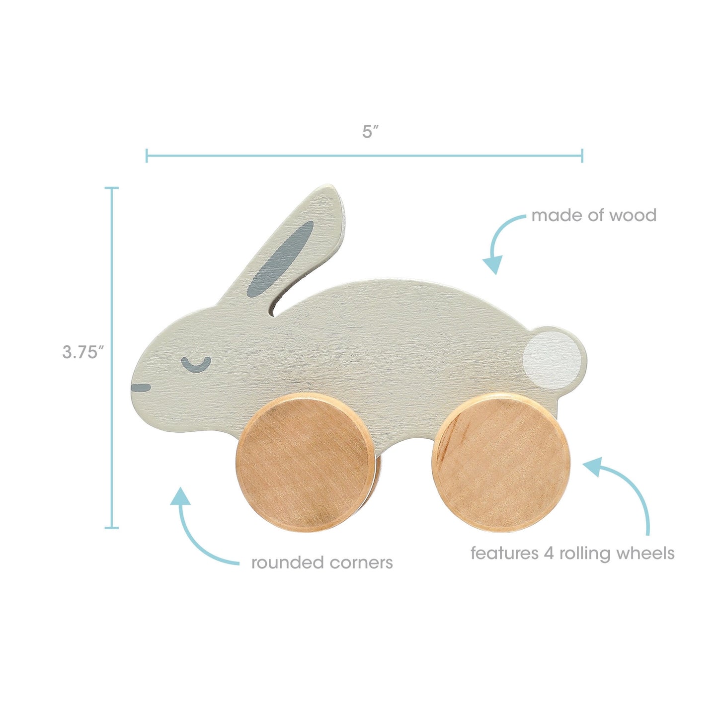 Wooden toy rabbit with wheels and measurements on a white background